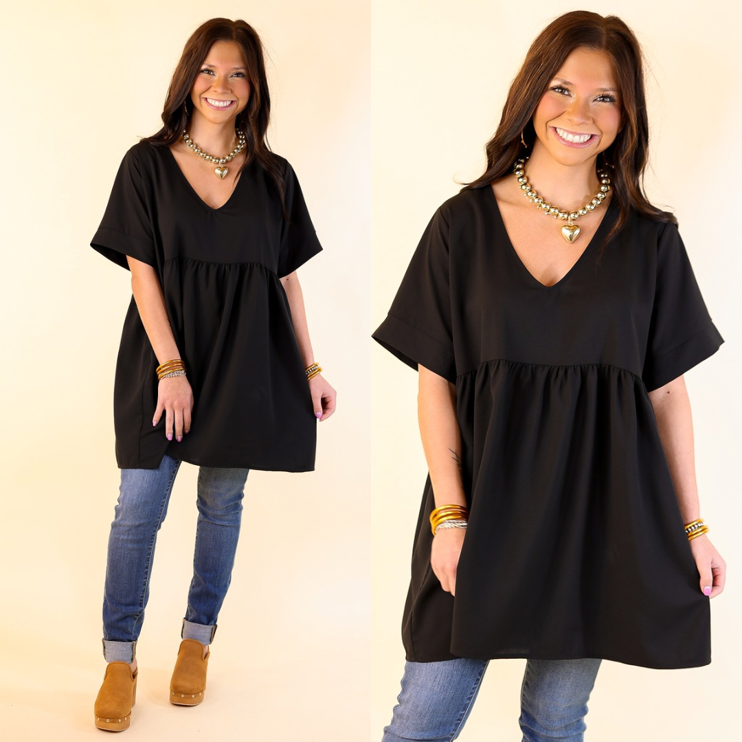 Daily Delight Short Sleeve V Neck Babydoll Top in Black