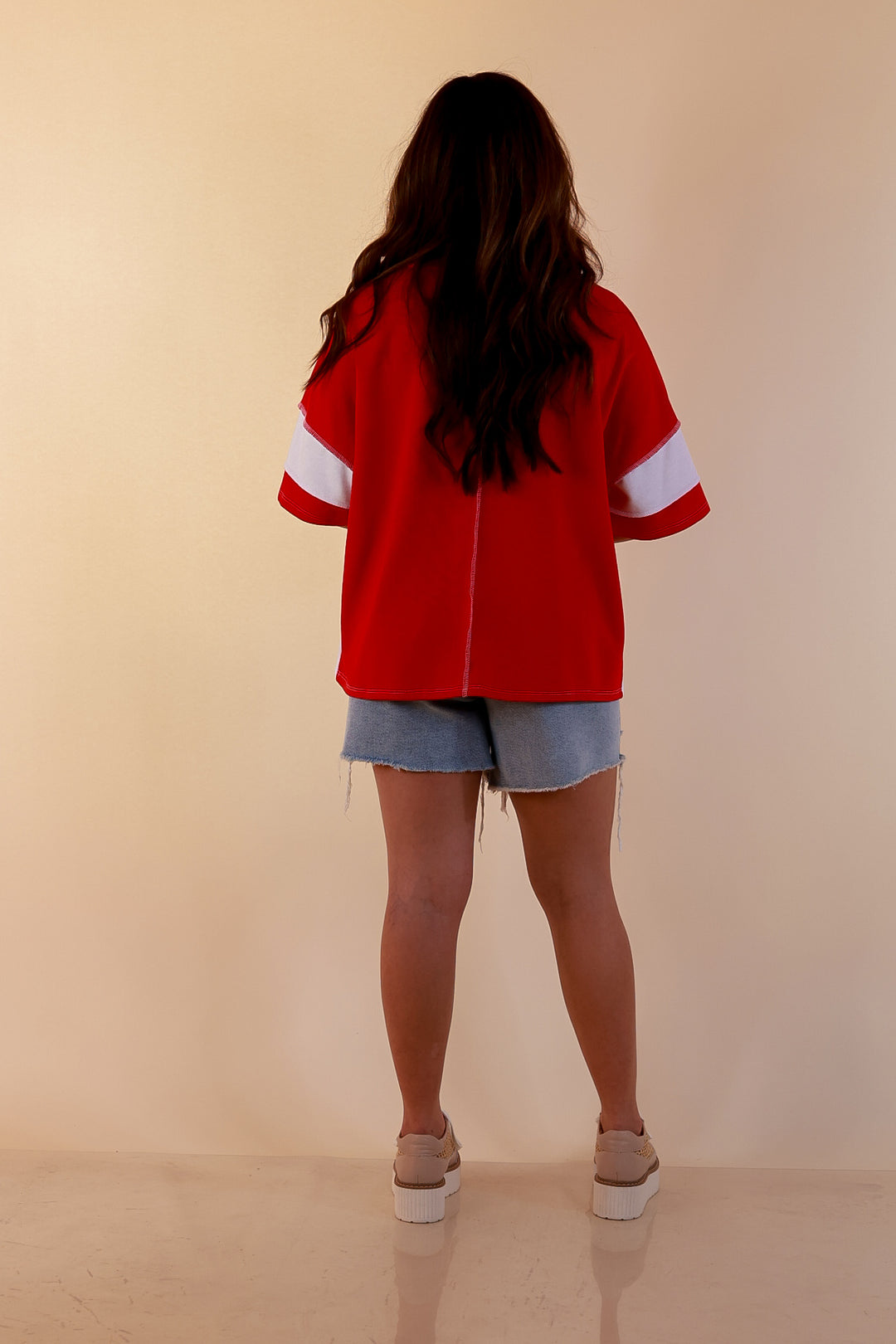 Simply Striking Color Block Rugby Style Wide Stripe Relaxed Short Sleeve Top in Red