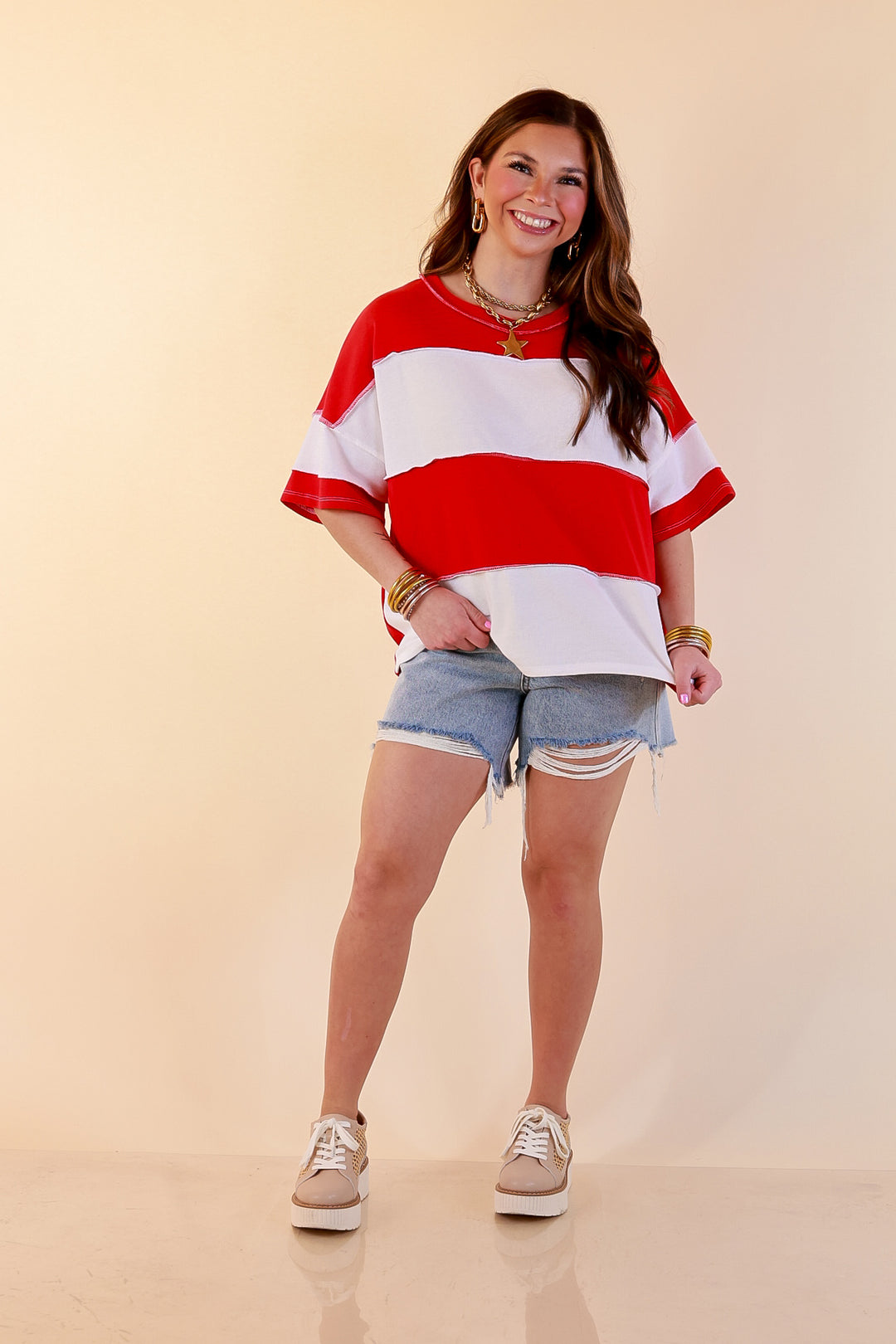 Simply Striking Color Block Rugby Style Wide Stripe Relaxed Short Sleeve Top in Red