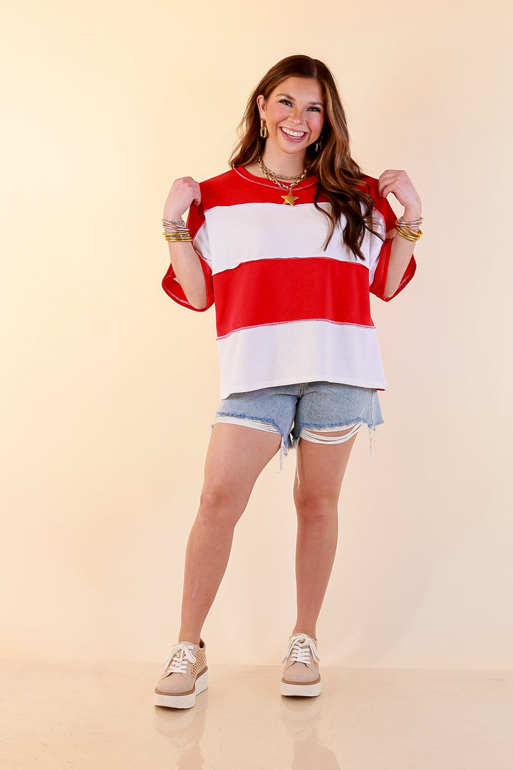 Simply Striking Color Block Rugby Style Wide Stripe Relaxed Short Sleeve Top in Red