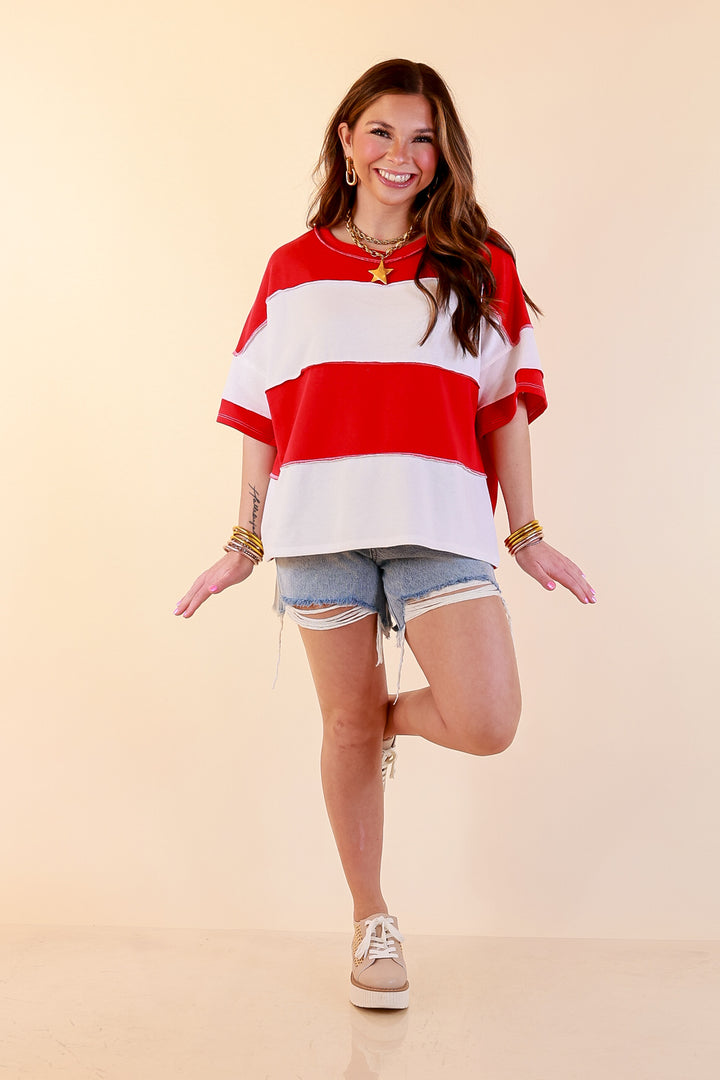 Simply Striking Color Block Rugby Style Wide Stripe Relaxed Short Sleeve Top in Red