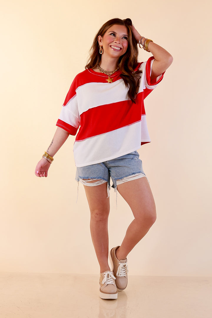 Simply Striking Color Block Rugby Style Wide Stripe Relaxed Short Sleeve Top in Red