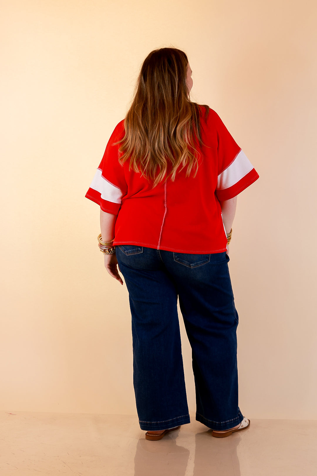 Simply Striking Color Block Rugby Style Wide Stripe Relaxed Short Sleeve Top in Red