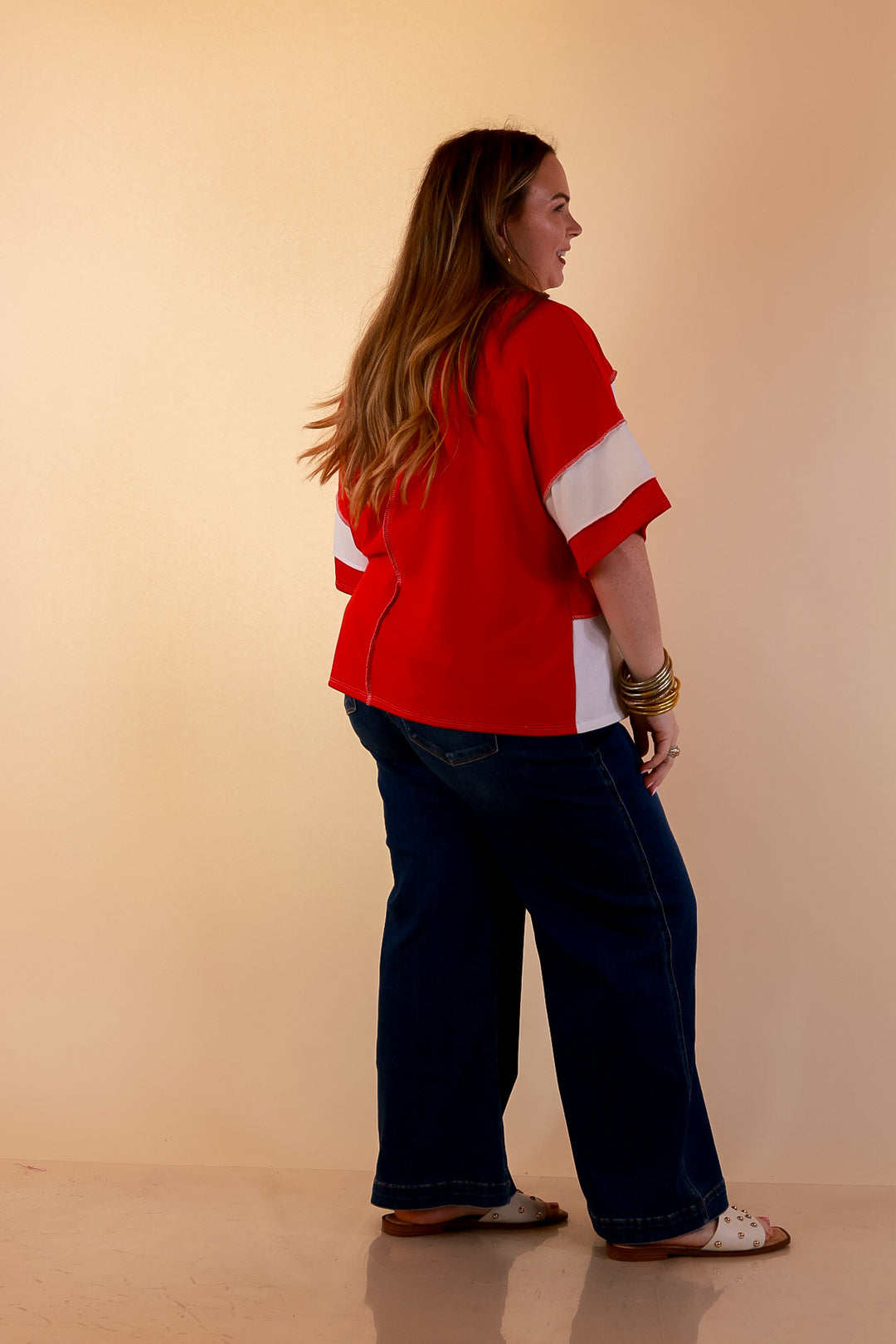 Simply Striking Color Block Rugby Style Wide Stripe Relaxed Short Sleeve Top in Red