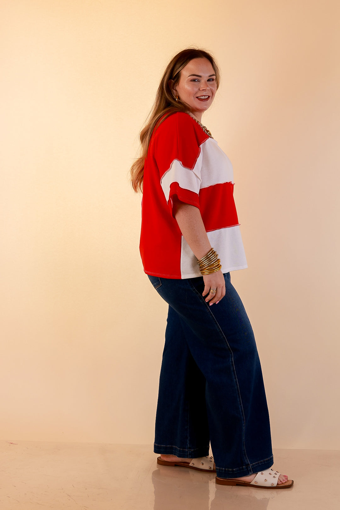 Simply Striking Color Block Rugby Style Wide Stripe Relaxed Short Sleeve Top in Red