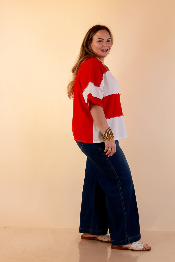 Simply Striking Color Block Rugby Style Wide Stripe Relaxed Short Sleeve Top in Red