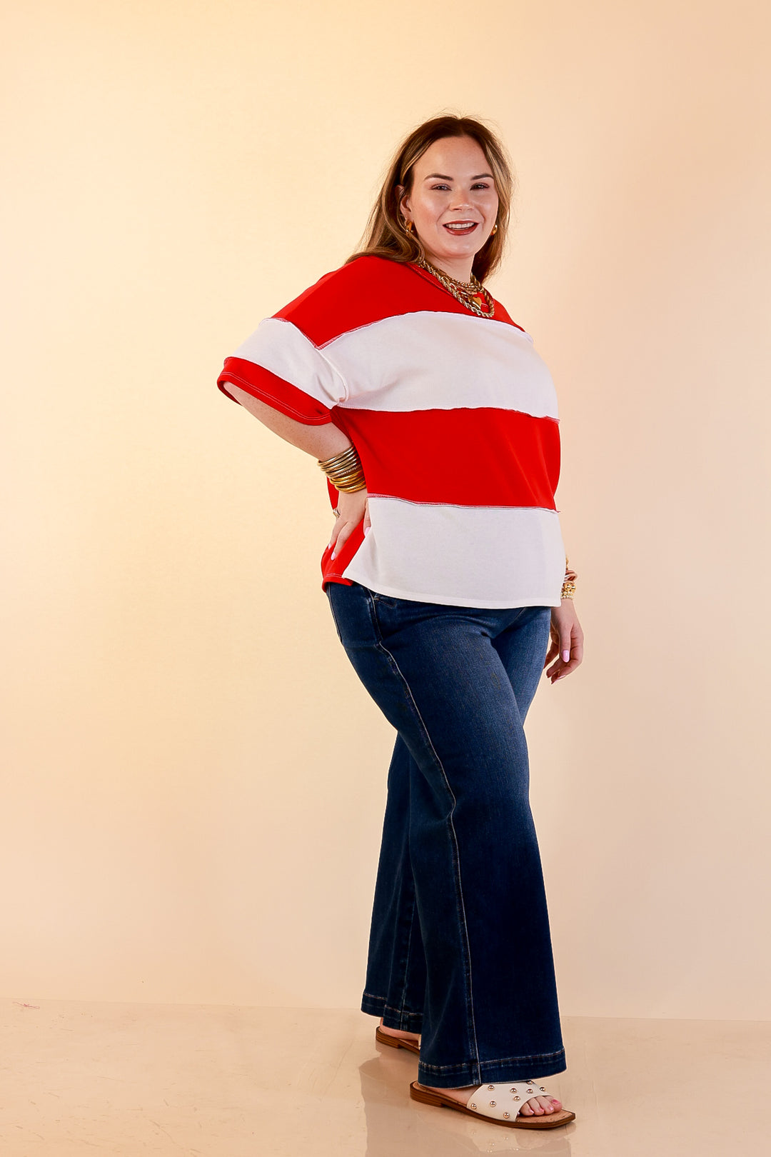 Simply Striking Color Block Rugby Style Wide Stripe Relaxed Short Sleeve Top in Red