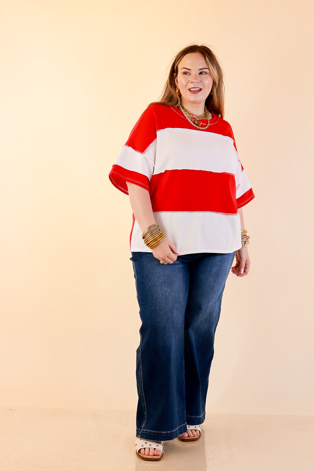 Simply Striking Color Block Rugby Style Wide Stripe Relaxed Short Sleeve Top in Red