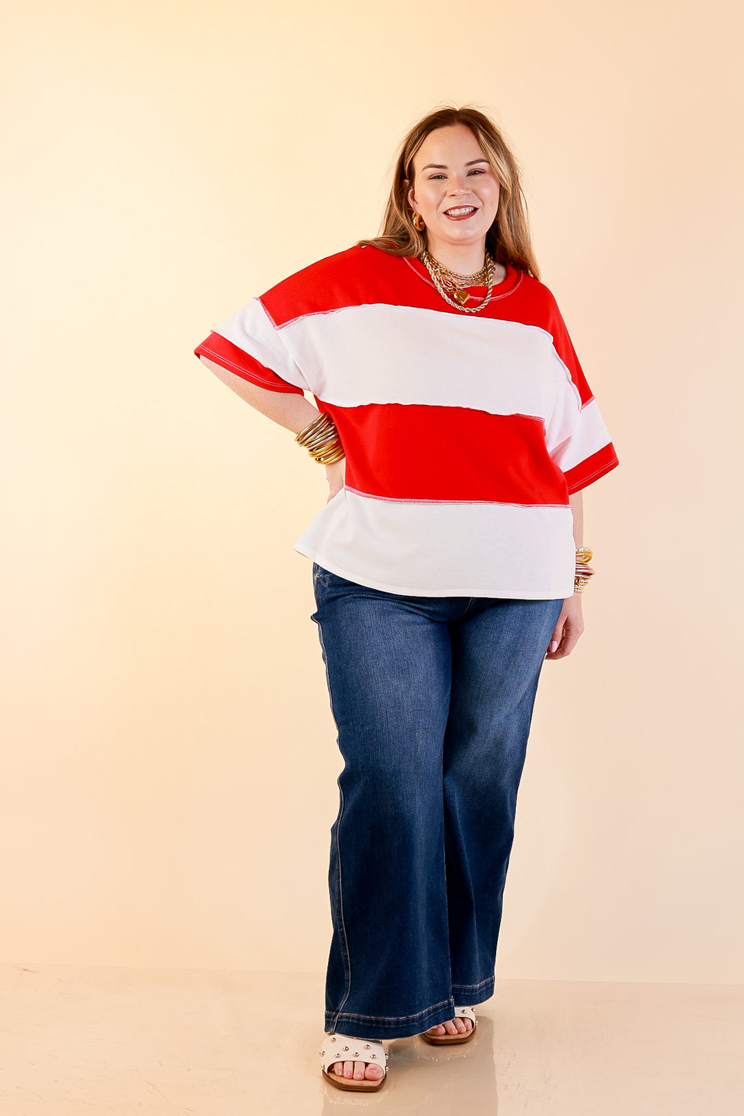 Simply Striking Color Block Rugby Style Wide Stripe Relaxed Short Sleeve Top in Red