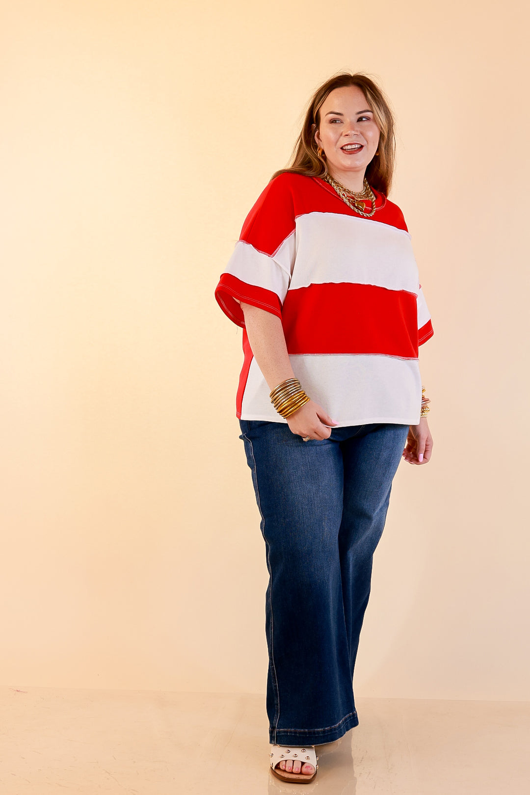 Simply Striking Color Block Rugby Style Wide Stripe Relaxed Short Sleeve Top in Red