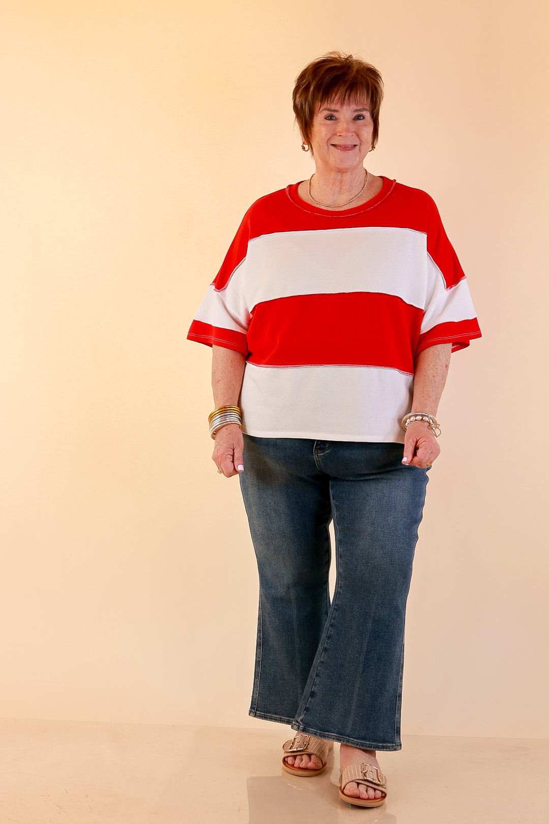 Simply Striking Color Block Rugby Style Wide Stripe Relaxed Short Sleeve Top in Red