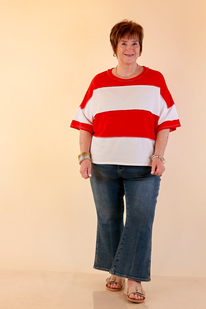 Simply Striking Color Block Rugby Style Wide Stripe Relaxed Short Sleeve Top in Red