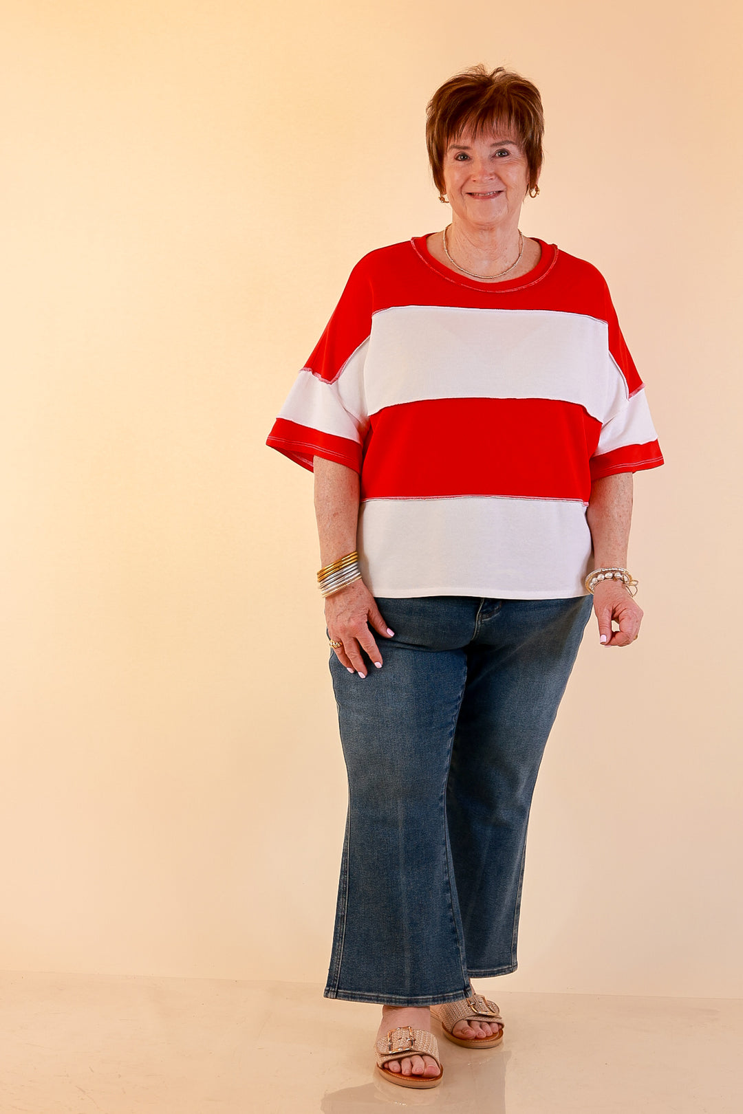 Simply Striking Color Block Rugby Style Wide Stripe Relaxed Short Sleeve Top in Red