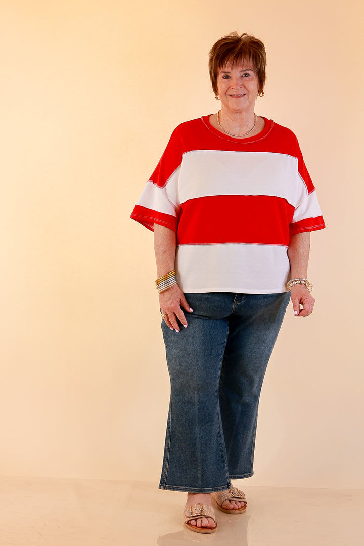 Simply Striking Color Block Rugby Style Wide Stripe Relaxed Short Sleeve Top in Red