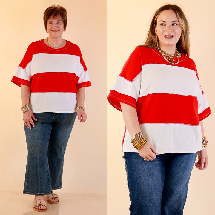 Simply Striking Color Block Rugby Style Wide Stripe Relaxed Short Sleeve Top in Red