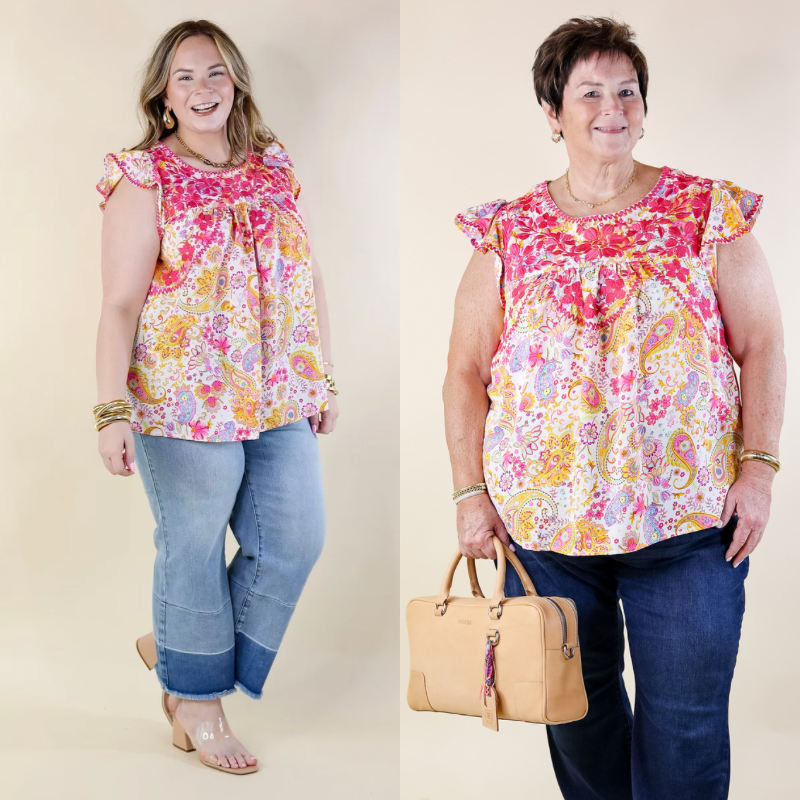 Serene Splendor Paisley Print Top with Pink Floral Embroidery in White - Giddy Up Glamour Boutique