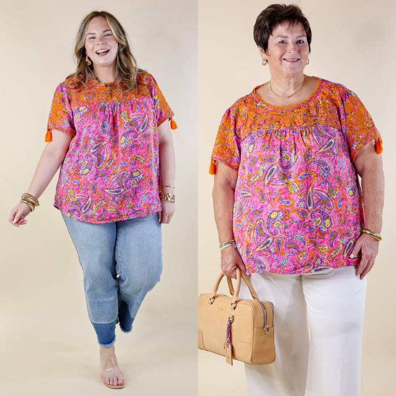 Sweet And Charming Paisley Print Top with Orange Floral Embroidery in Pink - Giddy Up Glamour Boutique