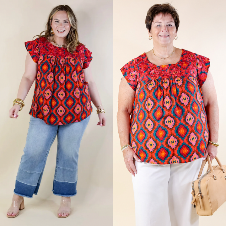 Festival Weather Magenta Embroidered Southwestern Print Top with Cap Sleeves in Multi Mix - Giddy Up Glamour Boutique