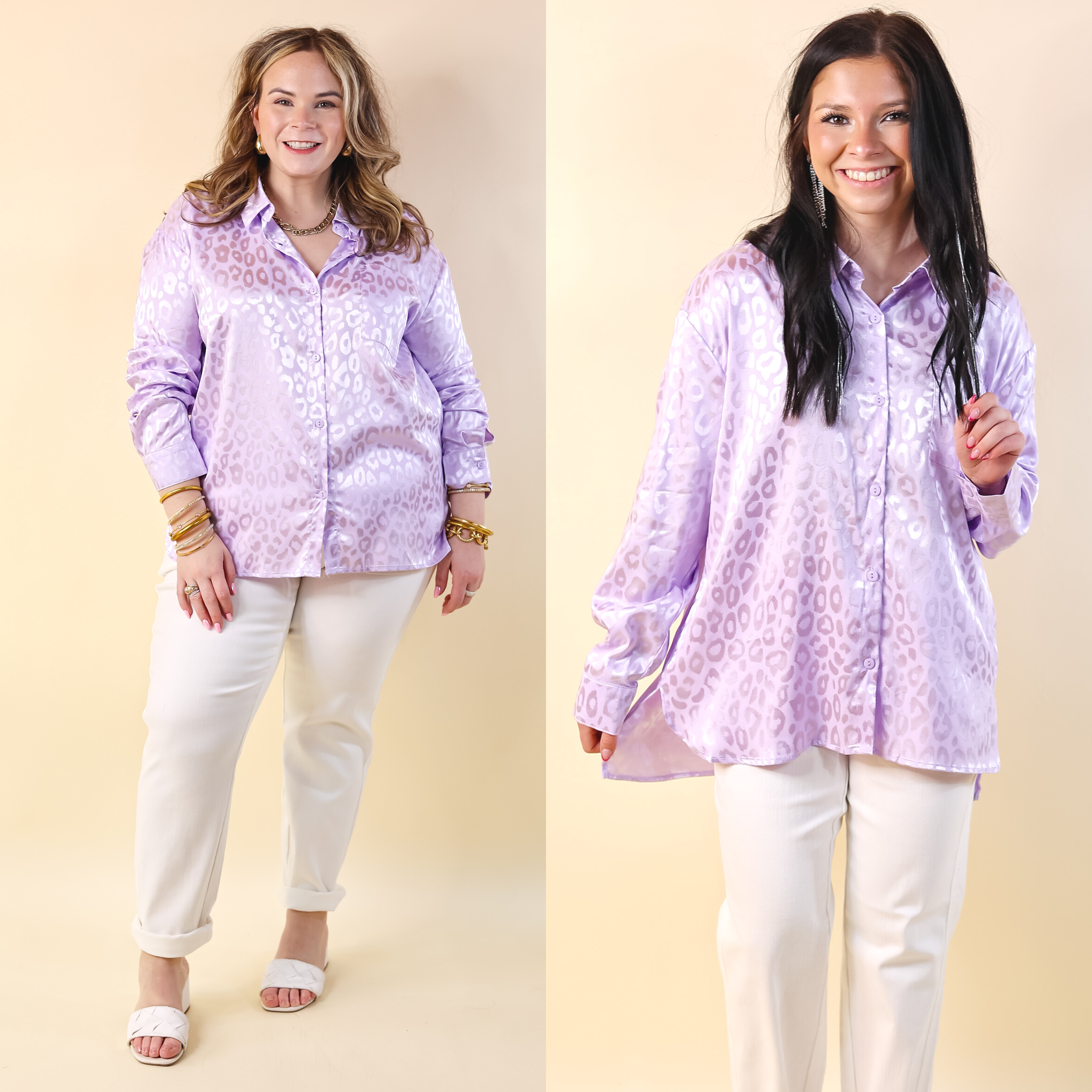 Top It Off Long Sleeve Button Up Satin Leopard Top in Lavender Purple - Giddy Up Glamour Boutique