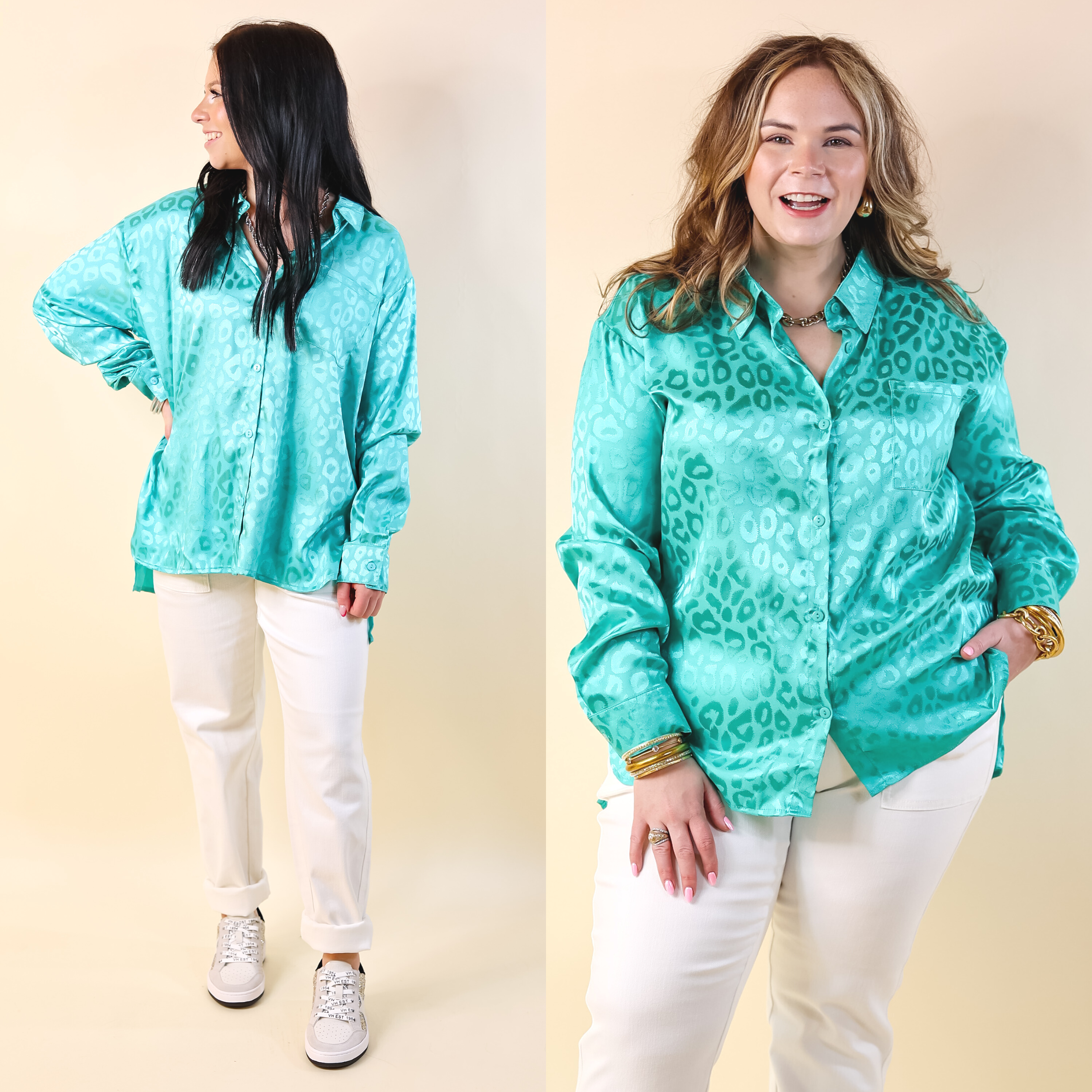 Top It Off Long Sleeve Button Up Satin Leopard Top in Turquoise Blue - Giddy Up Glamour Boutique