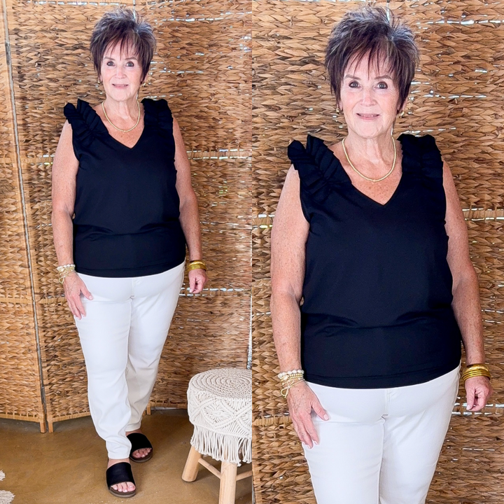 Plus Sizes | Ruffle Trim Sleeveless Top in Black