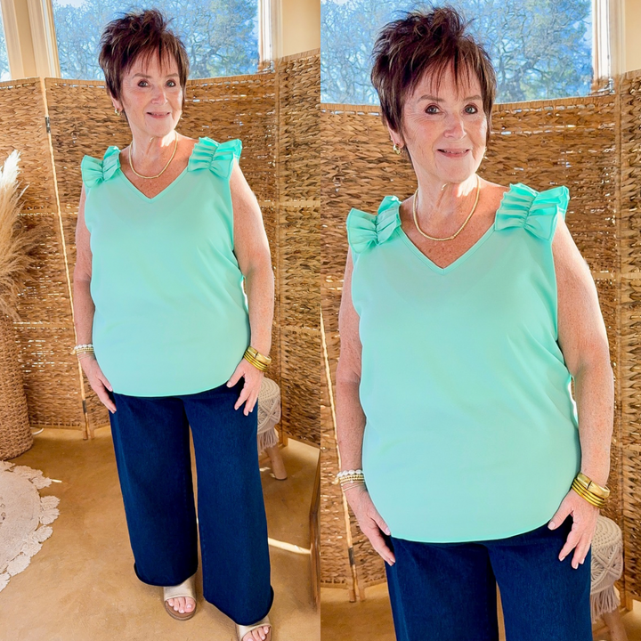 Ruffle Trim Sleeveless Top in Mint