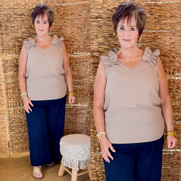 Ruffle Trim Sleeveless Top in Mocha