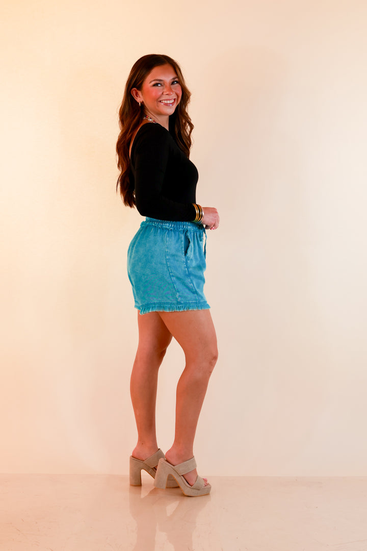 Sunny State of Mind Drawstring Acid Wash Shorts with Fray Hem in Turquoise Blue