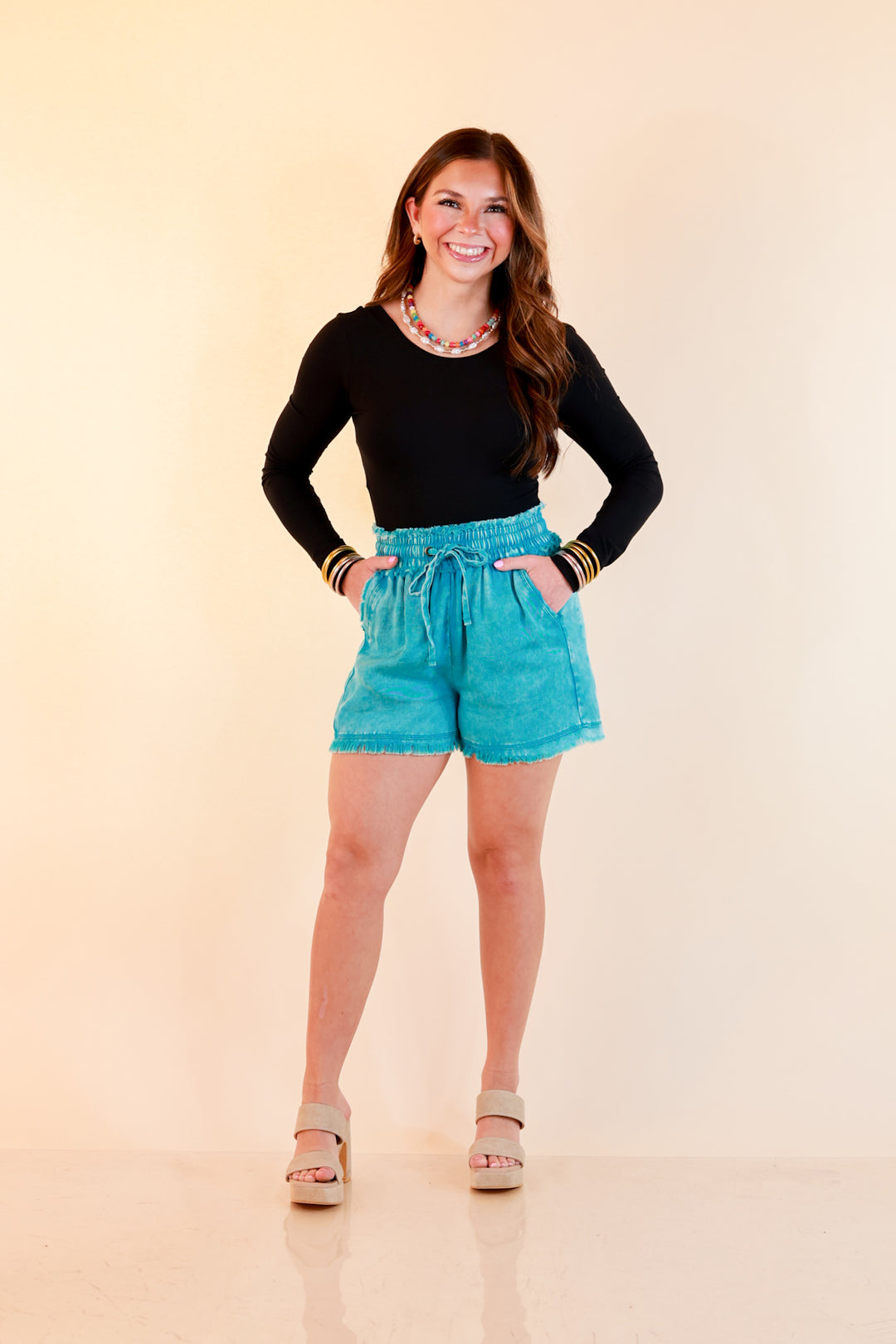 Sunny State of Mind Drawstring Acid Wash Shorts with Fray Hem in Turquoise Blue