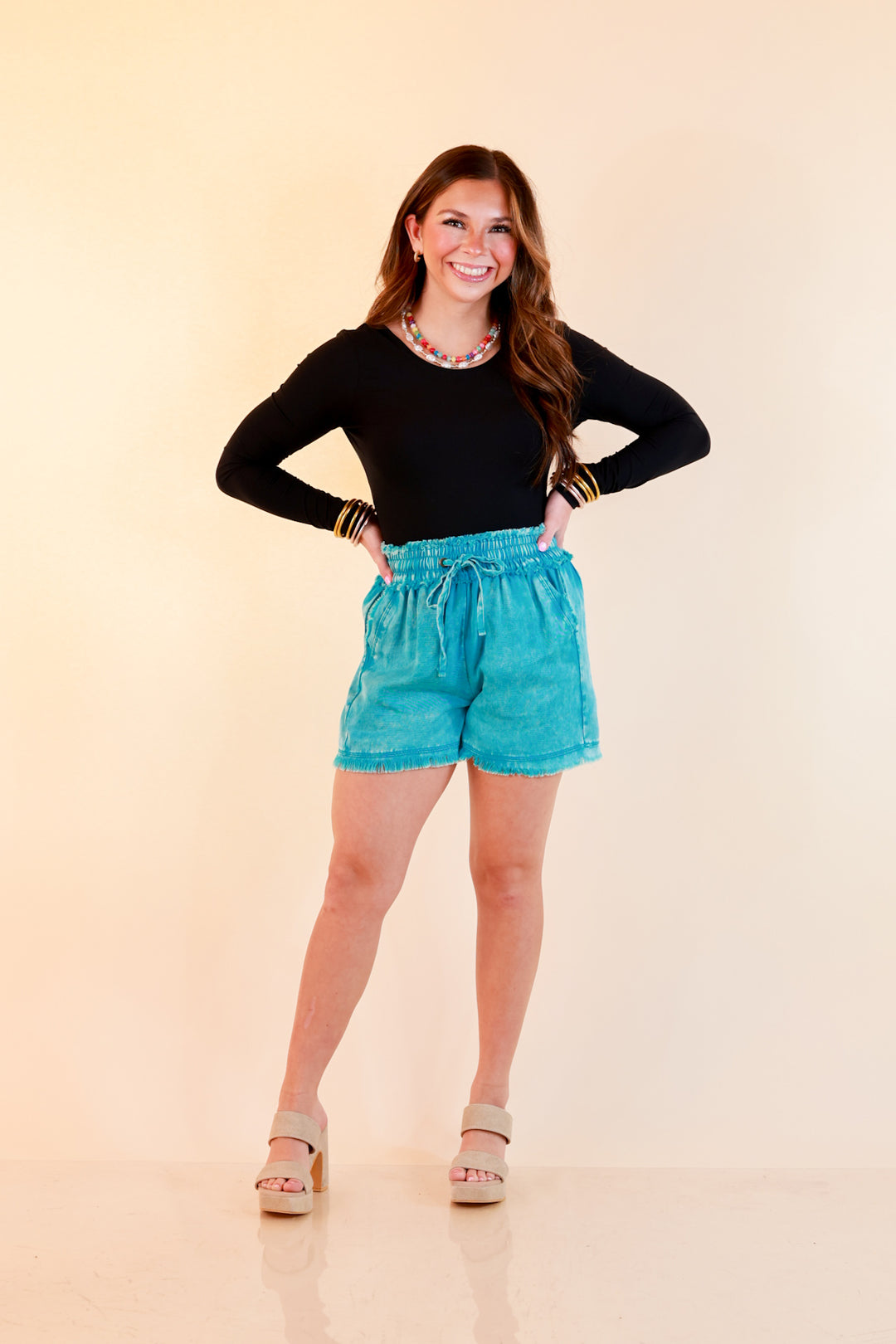 Sunny State of Mind Drawstring Acid Wash Shorts with Fray Hem in Turquoise Blue