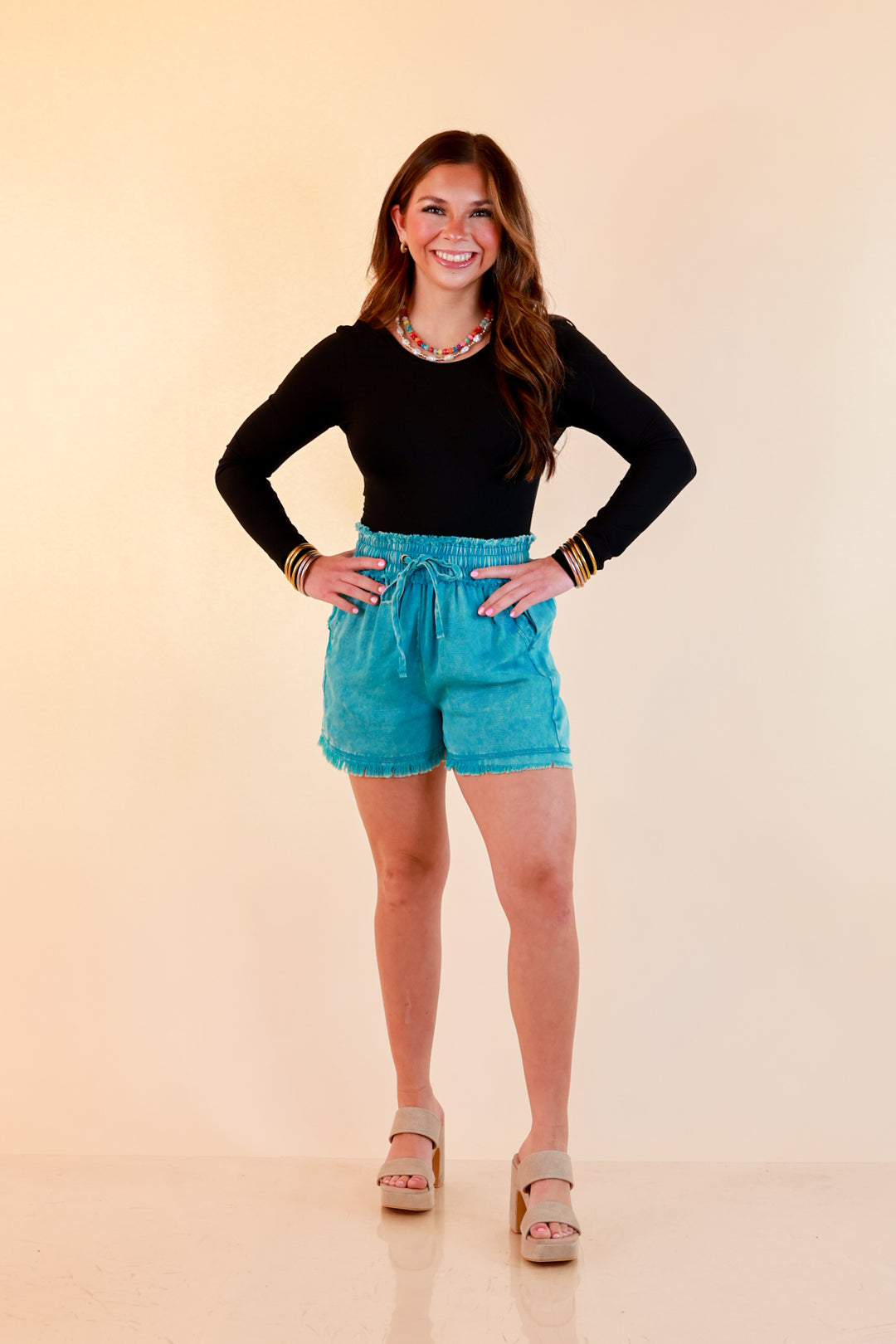 Sunny State of Mind Drawstring Acid Wash Shorts with Fray Hem in Turquoise Blue