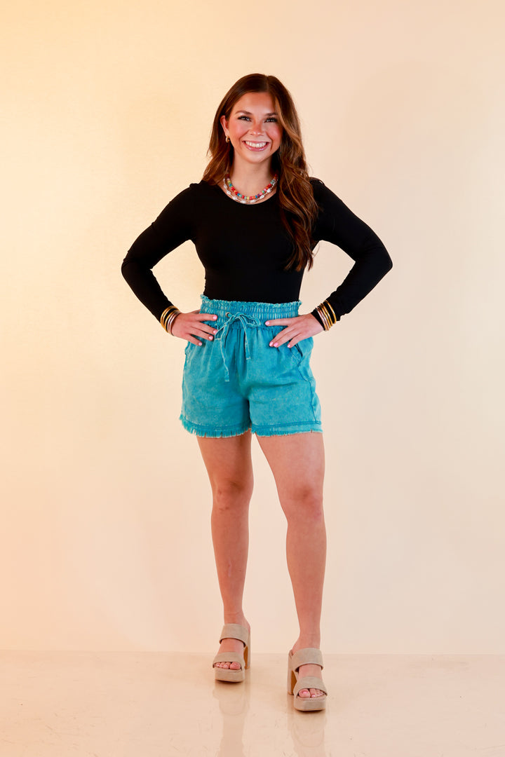 Sunny State of Mind Drawstring Acid Wash Shorts with Fray Hem in Turquoise Blue