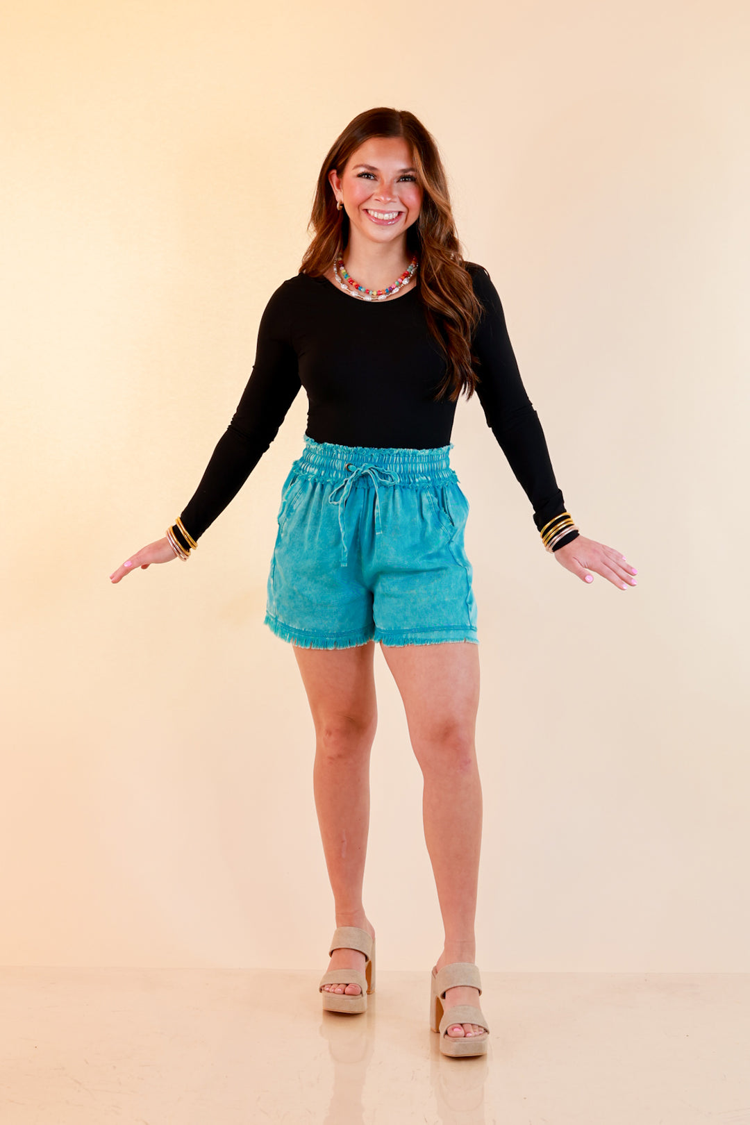 Sunny State of Mind Drawstring Acid Wash Shorts with Fray Hem in Turquoise Blue