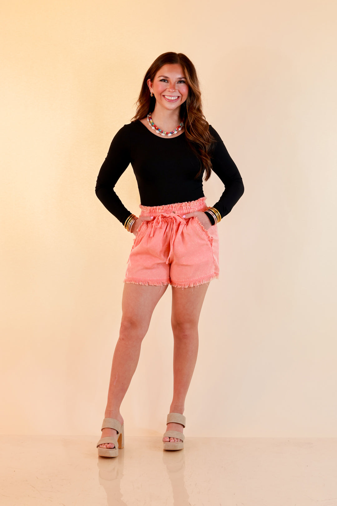 Sunny State of Mind Drawstring Acid Wash Shorts with Fray Hem in Coral Orange