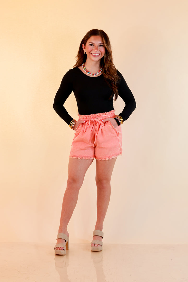 Sunny State of Mind Drawstring Acid Wash Shorts with Fray Hem in Coral Orange