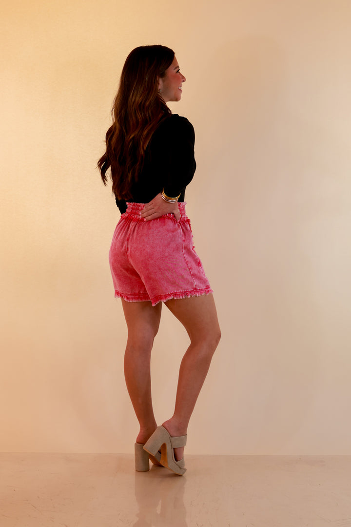 Sunny State of Mind Drawstring Acid Wash Shorts with Fray Hem in Hot Pink