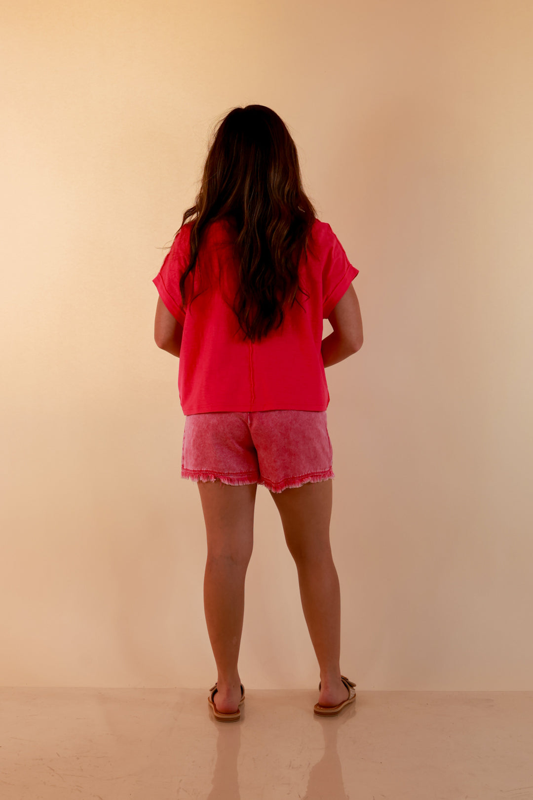 Sunny State of Mind Drawstring Acid Wash Shorts with Fray Hem in Hot Pink