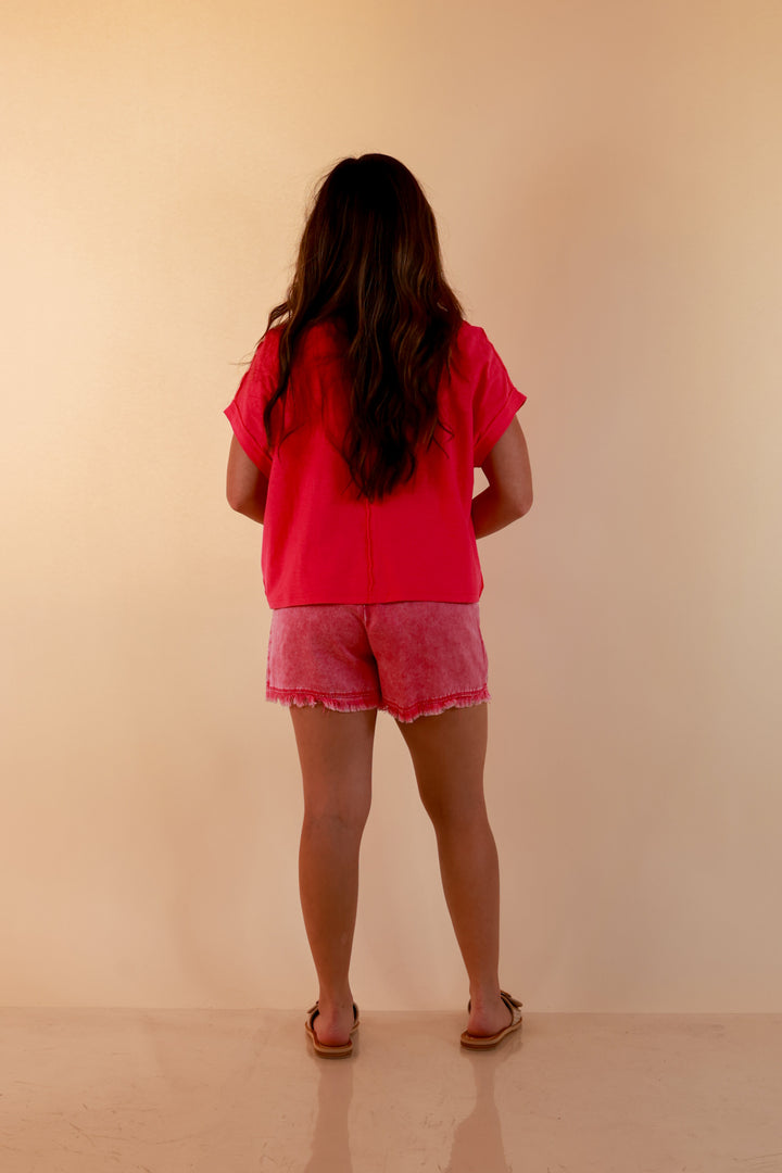 Sunny State of Mind Drawstring Acid Wash Shorts with Fray Hem in Hot Pink