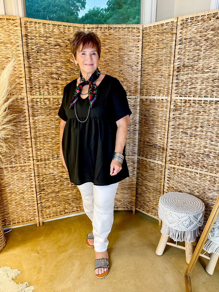 Daily Delight Short Sleeve V Neck Babydoll Top in Black