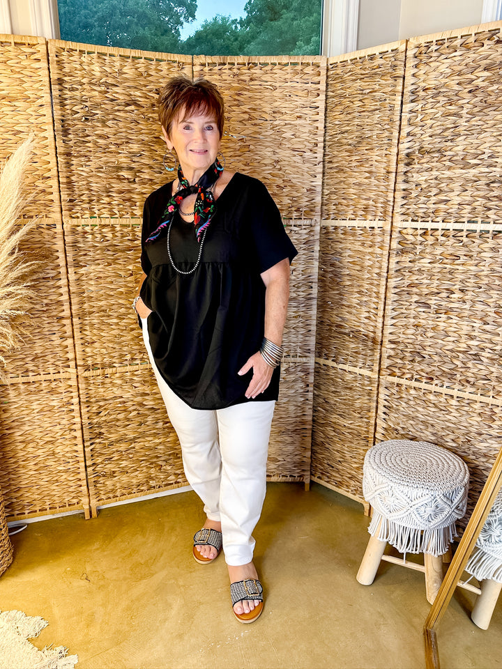 Daily Delight Short Sleeve V Neck Babydoll Top in Black