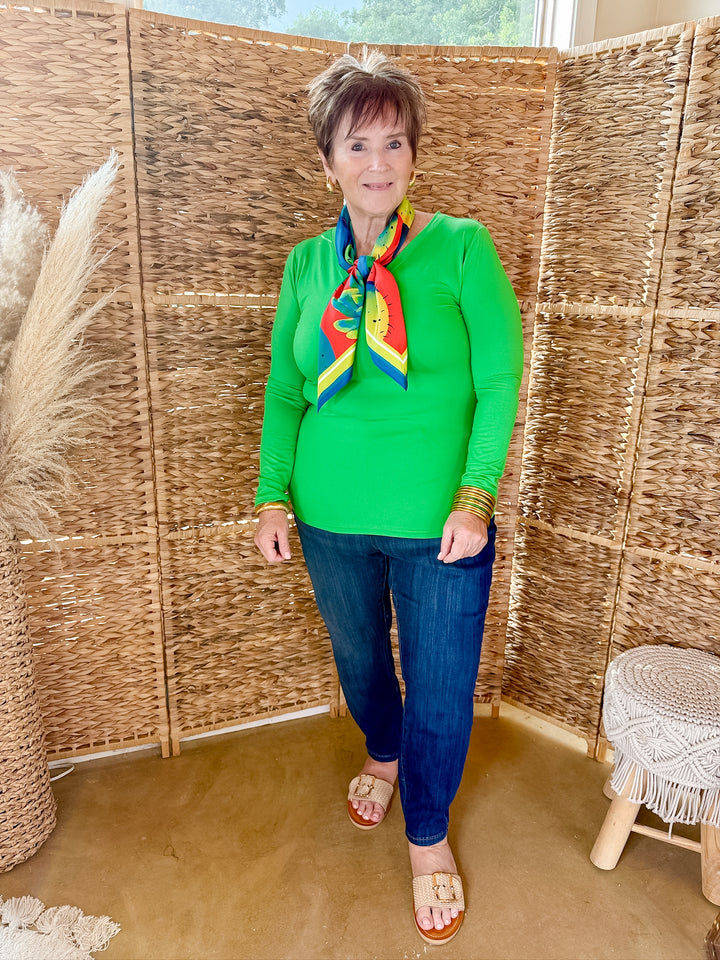 Simple V Neck Solid Long Sleeve Tee in Bright Green