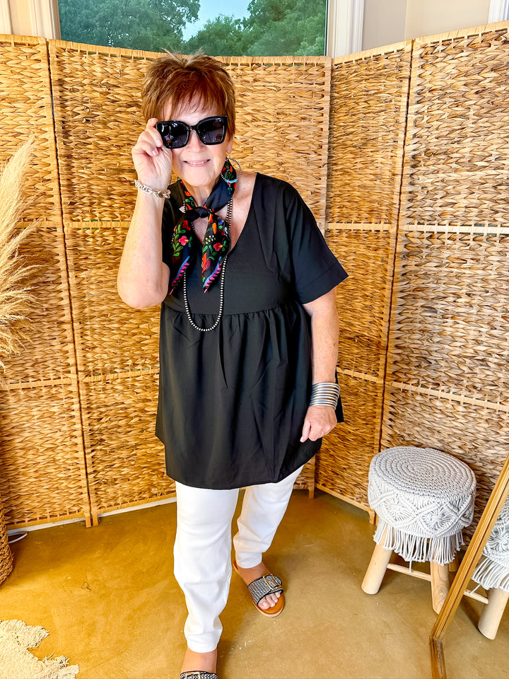 Daily Delight Short Sleeve V Neck Babydoll Top in Black