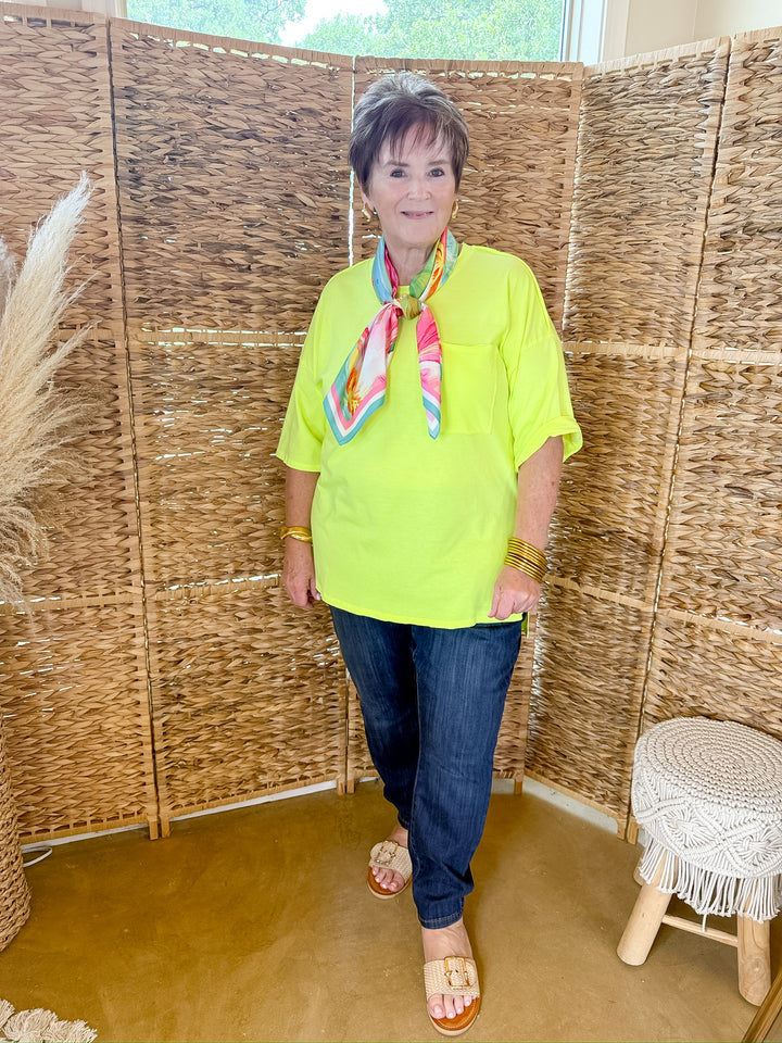 Oversized Scoop Neck High Low Pocket Tee in Neon Yellow