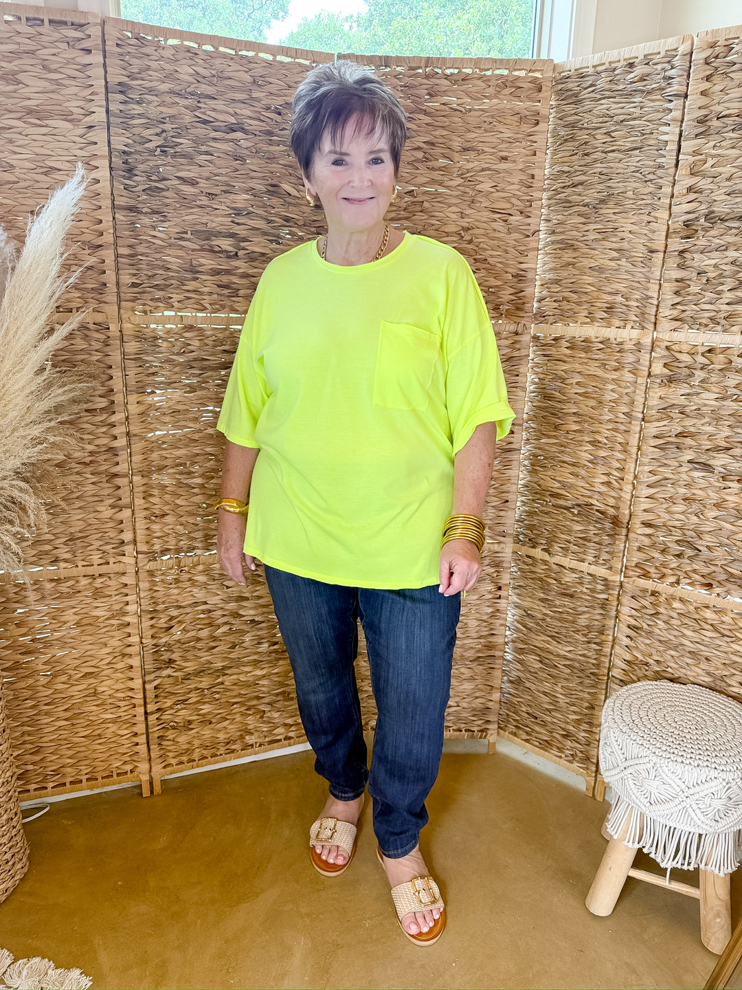 Oversized Scoop Neck High Low Pocket Tee in Neon Yellow