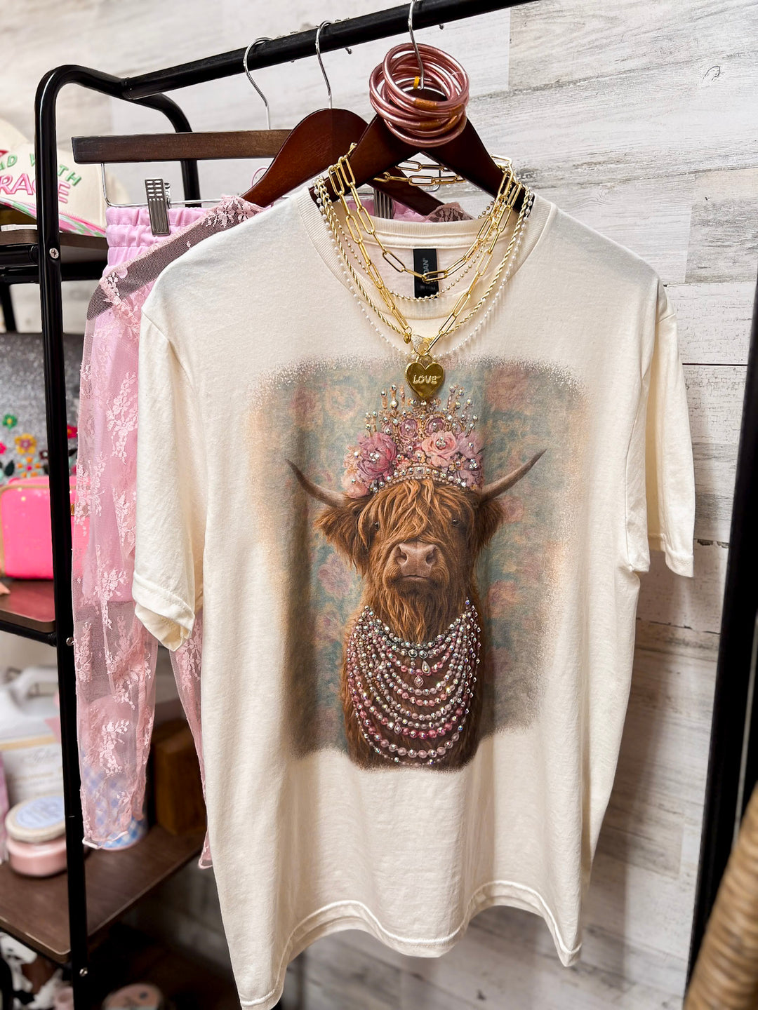 Highland Honey Glam Floral Crown Highland Print Short Sleeve Graphic Tee with Crystals in Cream
