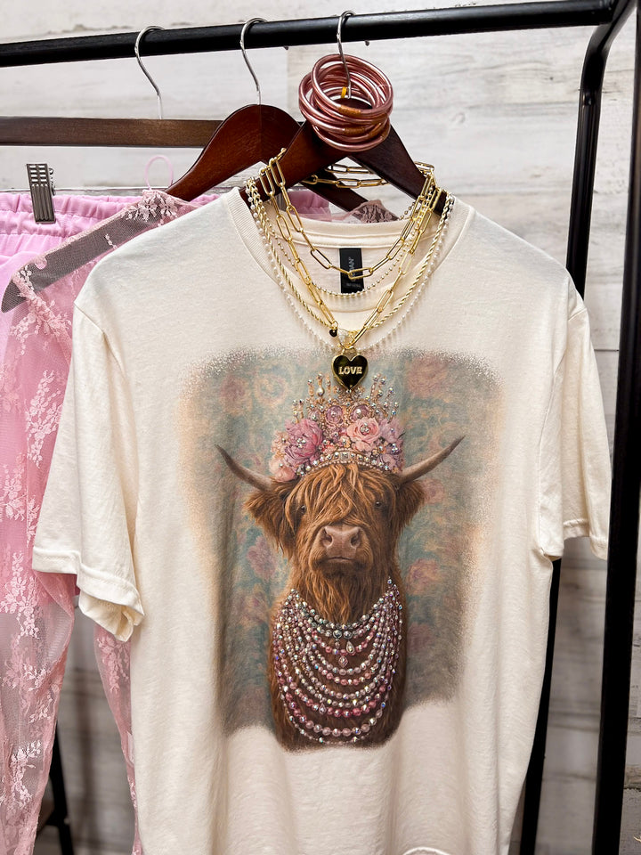 Highland Honey Glam Floral Crown Highland Print Short Sleeve Graphic Tee with Crystals in Cream
