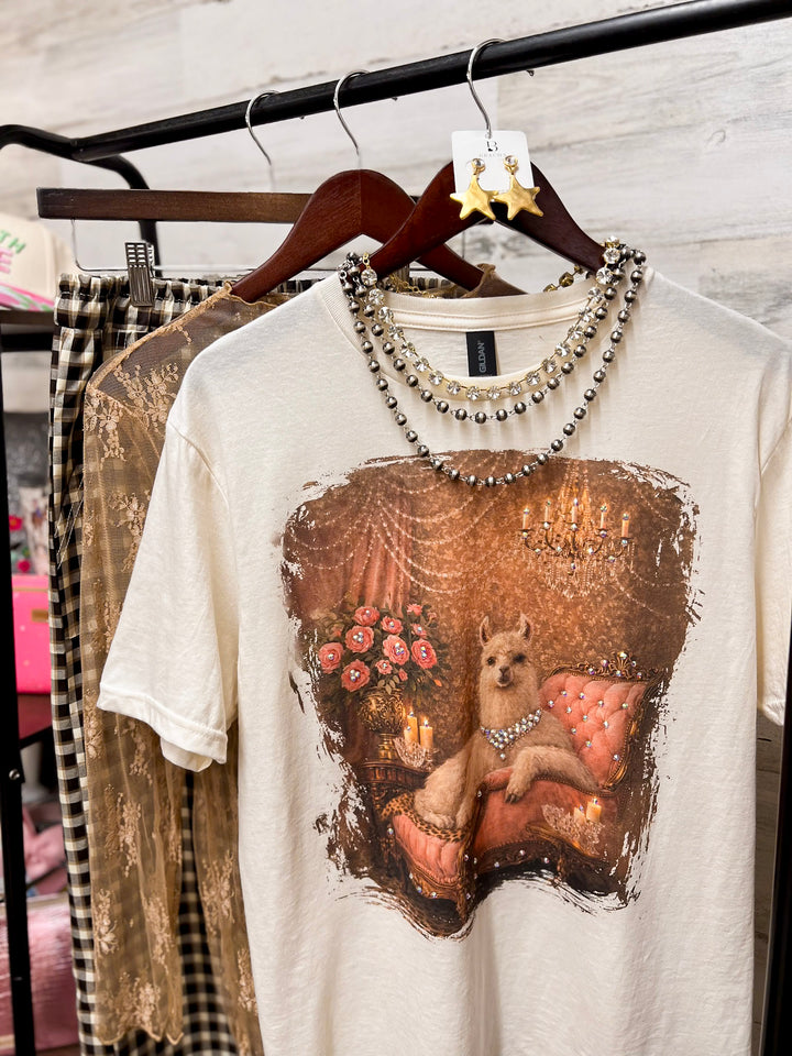 Lucy Lou Glam Pink Llama Short Sleeve Graphic Tee with Crystals in Cream