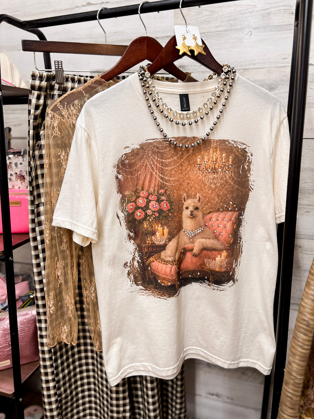 Lucy Lou Glam Pink Llama Short Sleeve Graphic Tee with Crystals in Cream