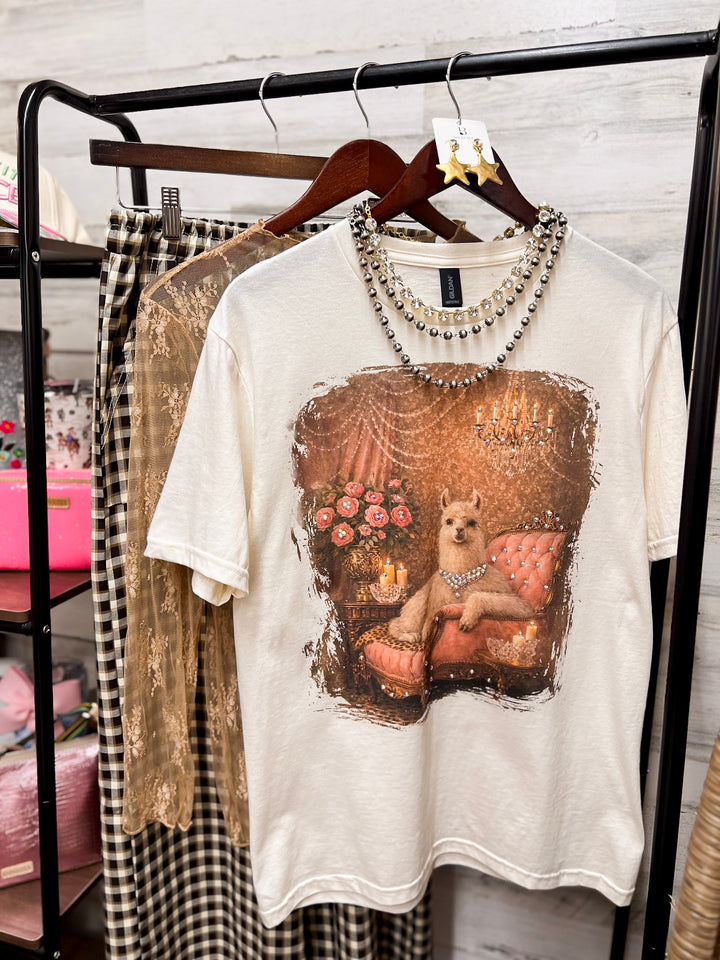 Lucy Lou Glam Pink Llama Short Sleeve Graphic Tee with Crystals in Cream