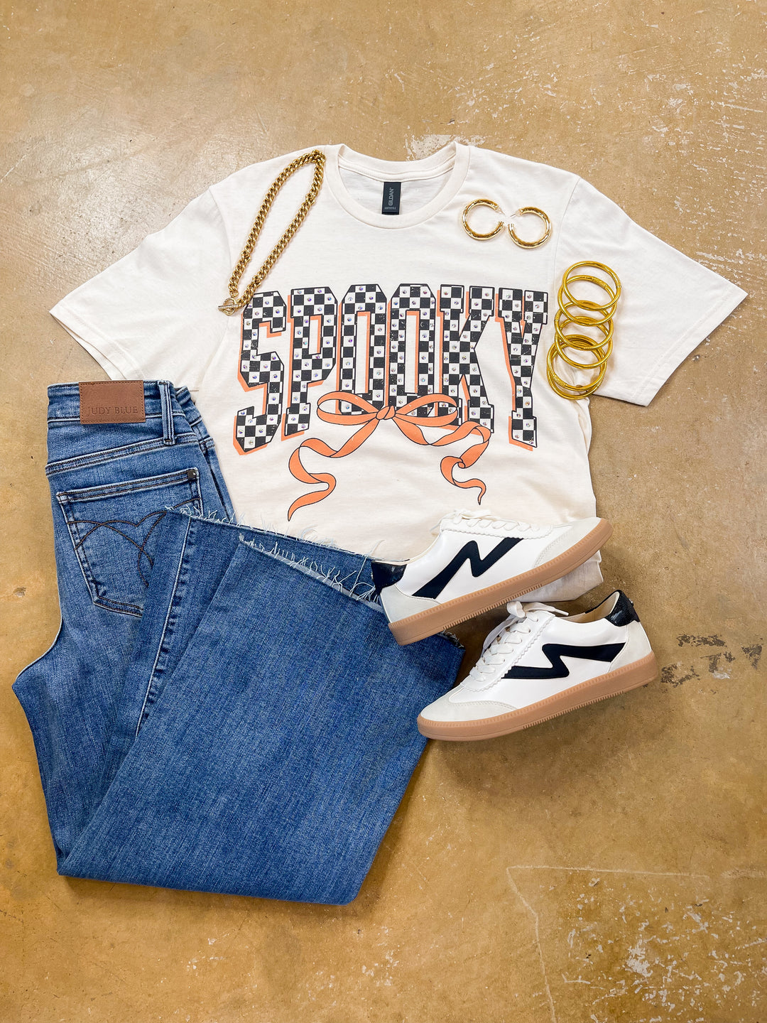 Spooked in Style Checkered Spooky with Bow Short Sleeve Graphic Tee with Crystals in Cream